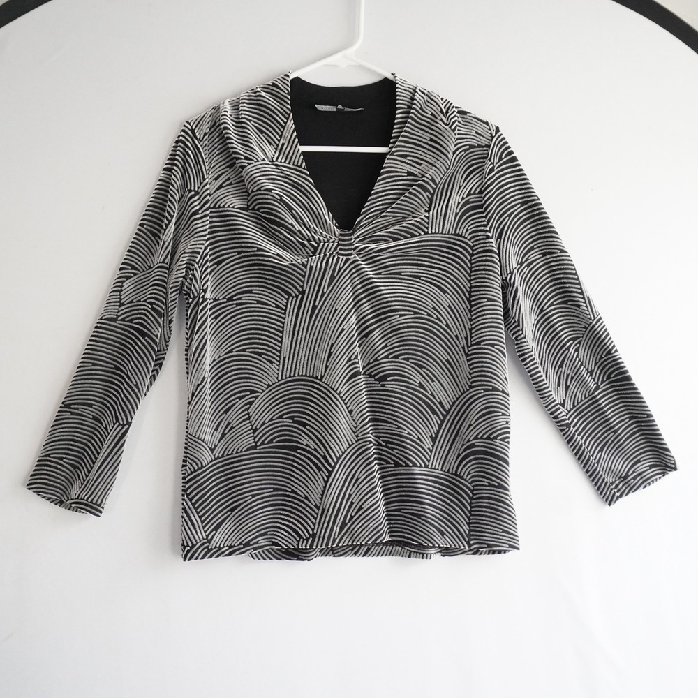 Jones New York Velvet PL Black Silver Abstract Wave Print Long Sleeve Blouse